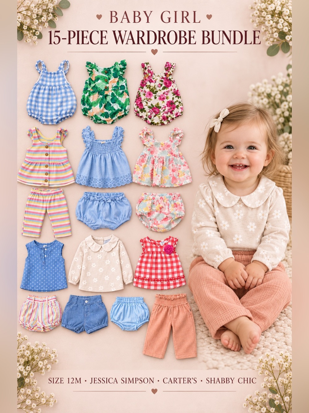 Baby Girl 12M 15-Piece Clothing Bundle Jessica Simpson Carters Shabby Chic